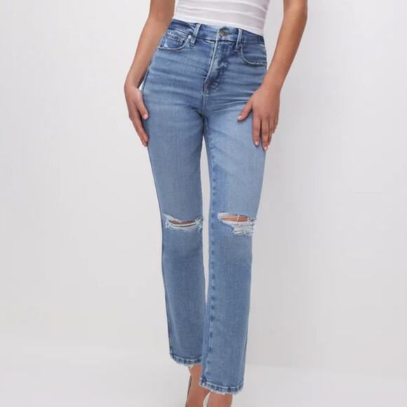 Good American Denim - Good American Good Curve Straight Distressed Ripped Knee Med-Blue Wash Jean 25